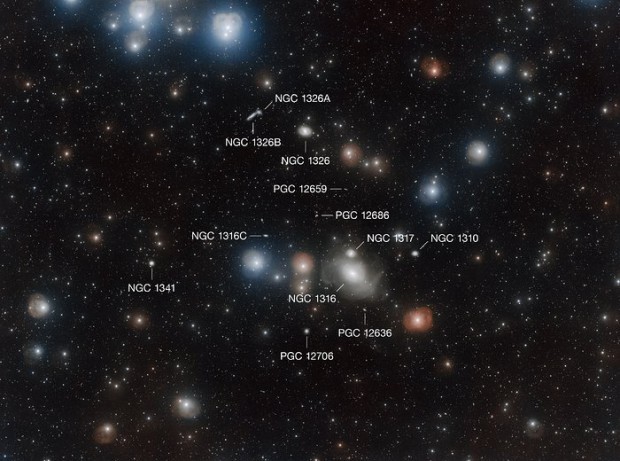 Pohled na okol galaxie NGC 1316  s popisem