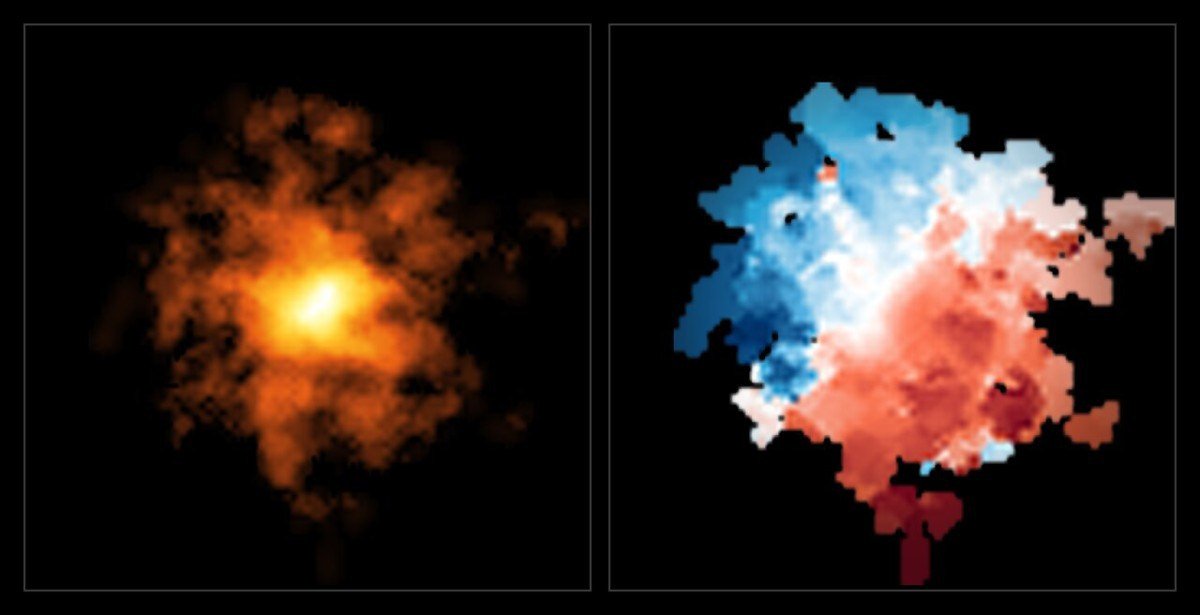 ALMA image and motion of the cold gas in REBELS-25 (side-by-side) 